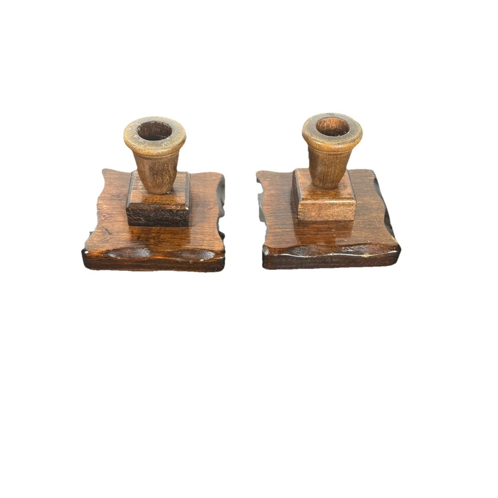 Vintage Primitive Wooden Pair of Turned Rustic Candlestick Holders Farmhouse